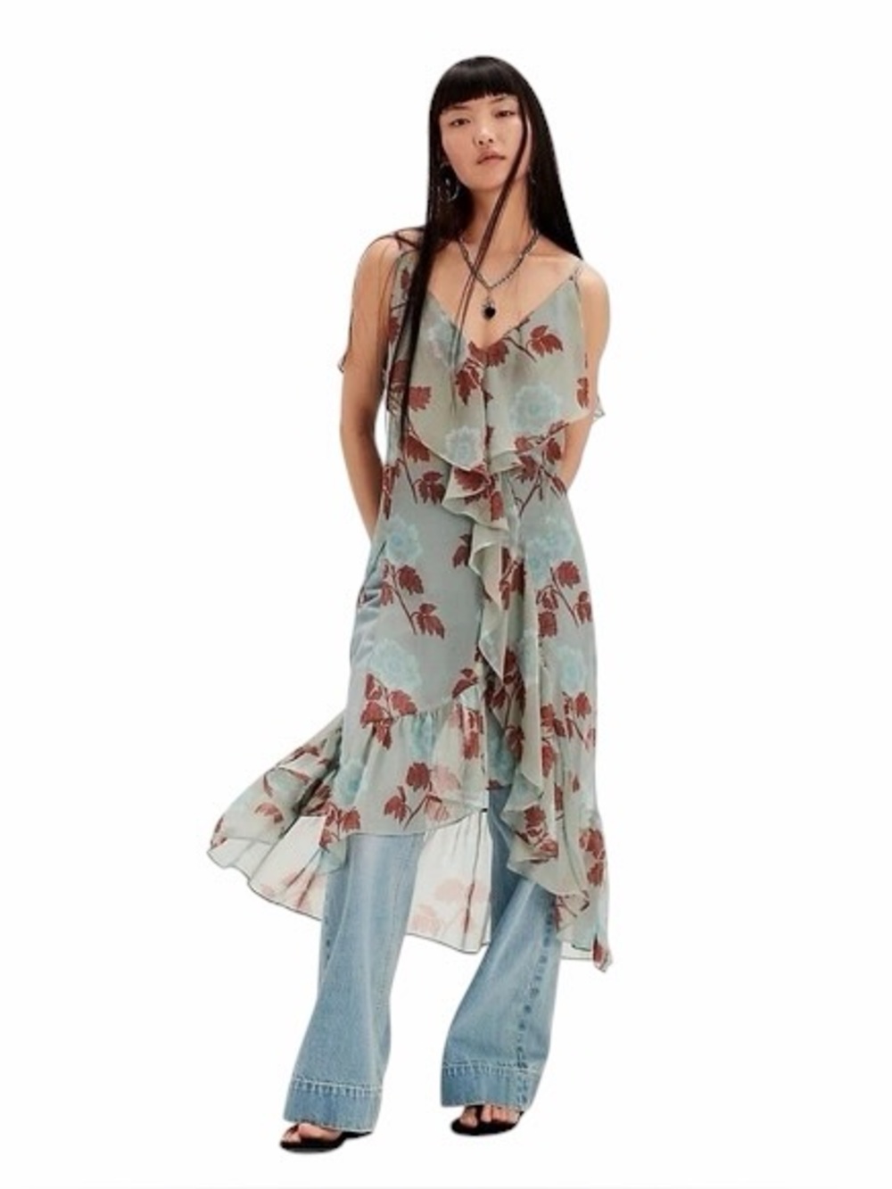 Free People Sunfaded Maxi Top Floral Printed Ruffle Slip Sheer Boho Sage Medium